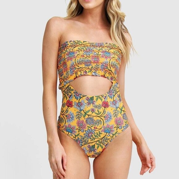 NWT Mosmann mustard floral rib one piece swimsuit, XS - Picture 2 of 7